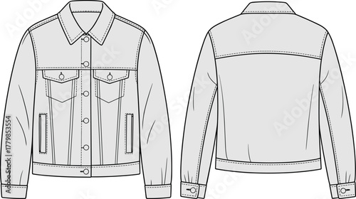 Denim, jacket, fashion, vector, illustration, front, back, sketch, outline, collar, pocket, button, cuff, hem, casual, garment, stylish, structured, design, outerwear