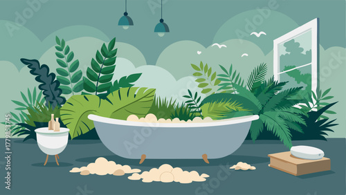 A bathroom with pebble flooring and a large freestanding bathtub surrounded by lush ferns.