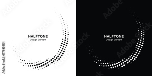 Halftone Circular Dot Pattern. Circle Frame using Halftone Dots Texture. Polka Dots. Spiral logo. Radial design element. Vector