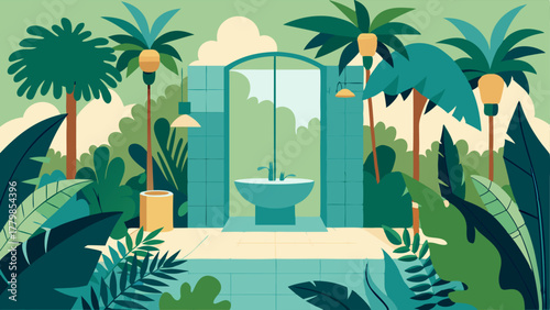 A bathroom transformed into a tropical paradise with a shower surrounded by lush ferns and palm trees.