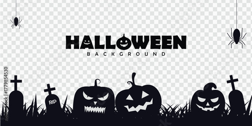 modern halloween silhouette border frame with cemetery and pumpkins on transparent background.halloween footer banner design decoration