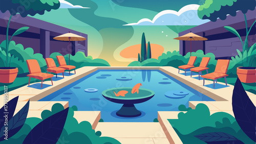 A beautifully landscaped outdoor patio complete with a serene koi pond and seating areas for visitors to relax and enjoy the view.