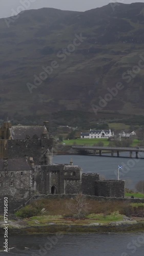 Vertical aerial view of Eilean Donan Castle in the Scottish Highlands