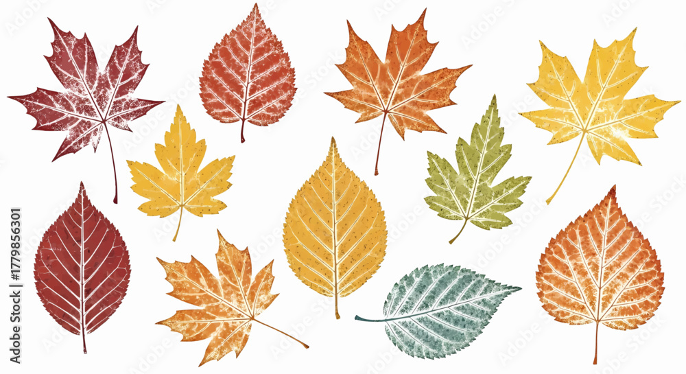 Obraz premium A vibrant collection of textured autumn fall leaves in various colors, seasonal nature vector illustration