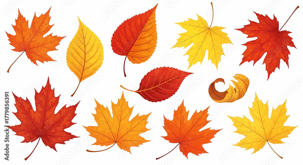 Fototapeta premium Set of colorful autumn leaves in red, orange, and yellow hues, fall foliage vector illustration