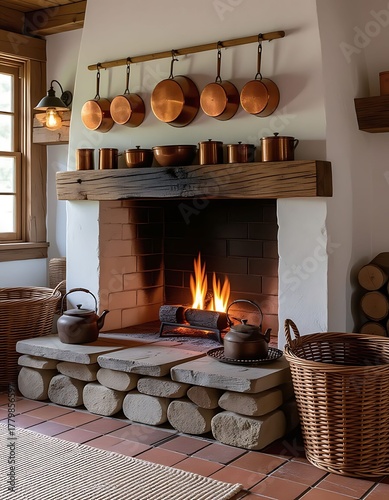 Rustic kitchen fireplace with glowing fire, brick chimney, wooden mantel, and hanging copper cookware