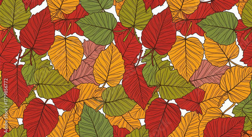 A vibrant seamless pattern background of colorful autumn falling leaves, a detailed vector illustration