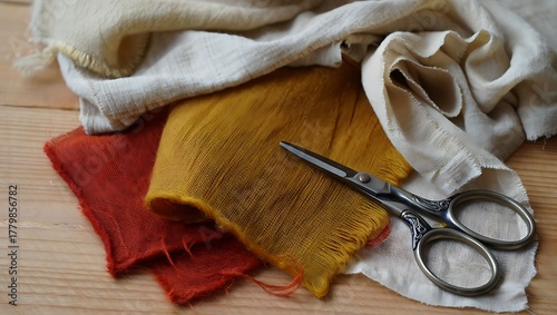Natural dyed fabrics with vintage scissors on a wooden table symbolizing sustainable textile craft.