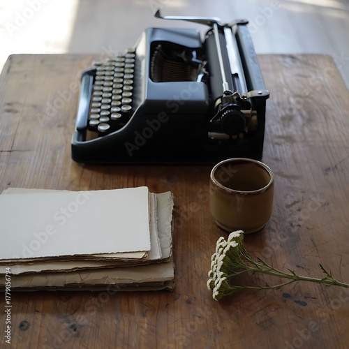 Vintage black typewriter and stack of aged paper on a rustic wooden writer's desk.