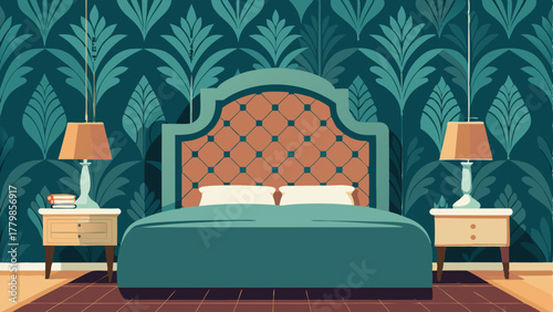 A bedroom adorned with rich textured wallpaper in a graphic repeating pattern and a velvet headboard with intricate geometric stitching.