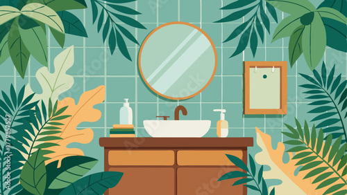 A bathroom with a wooden vanity and tropical leaf wallpaper creating a soothing and exotic retreat.