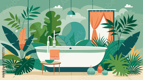 A bathroom with a modern freestanding tub surrounded by tropical greenery.