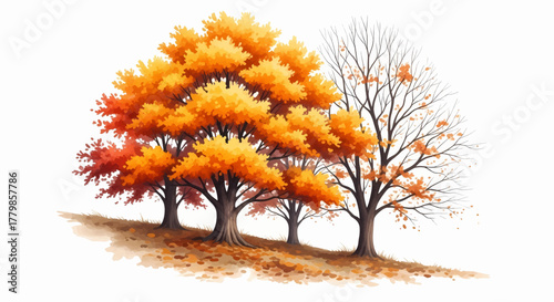 A beautiful watercolor vector illustration of autumn trees with vibrant orange and yellow foliage on a hill