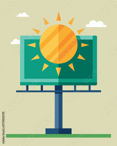 A billboard promoting a solar energy company with its logo in the shape of a sun radiating its brand message.. Vector illustration