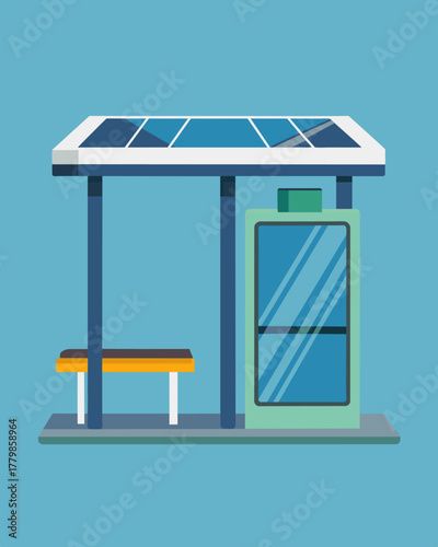 A compact and functional bus shelter with a small solar panel on top to power the LED lighting and a USB port for device charging.. Vector illustration