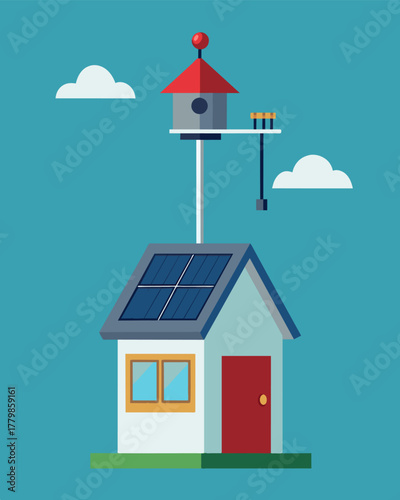 A compact weather station designed for mounting on the roof of a house topped with a small solar panel that powers its basic yet reliable weather tracking functions.. Vector illustration