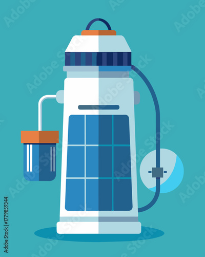 A compact and lightweight solarpowered filter that can be attached to any water bottle making it a convenient solution for purifying water while onthego.. Vector illustration