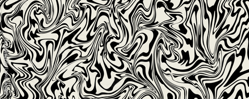 Vector seamless pattern. Abstract op art texture with bold monochrome wavy stripes. Creative background with distorted lines. Decorative black and white striped design with distortion effect.