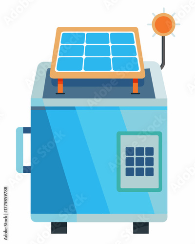 A fixed ice maker that uses solar panels to power its production eliminating the need for electricity or batteries.. Vector illustration