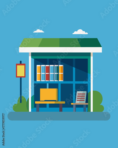 A bus stop that harnesses the energy of the sun to power a small library installed within its walls for passengers to enjoy while waiting for their bus.. Vector illustration