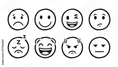 Hand drawn doodle emoticons set. Marker style faces with various expressions isolated on white background