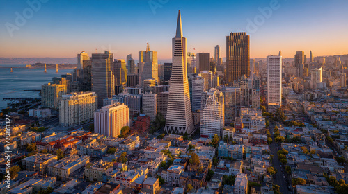San Francisco city skyline at sunset panoramic view with iconic Transamerica Pyramid building and urban architecture along the bay waterfront in California