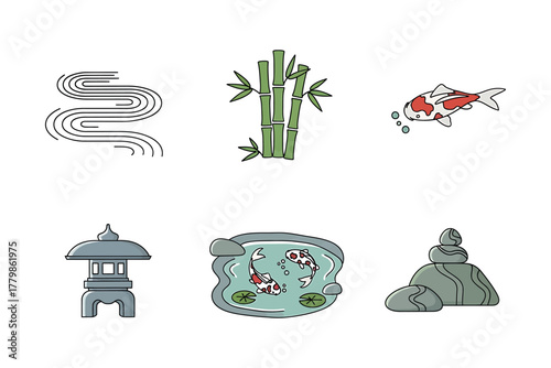 A serene collection of illustrated icons depicting classic elements of a Japanese tranquility garden like bamboo, a koi pond, and a stone lantern