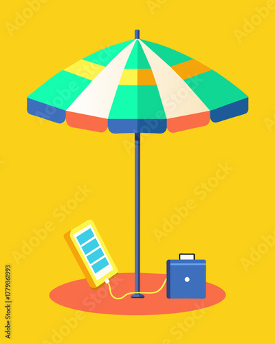 A brightly colored beach umbrella equipped with a powerful solarpowered charger allowing you to chat with friends listen to music and enjoy the sun without ever running out of. Vector illustration