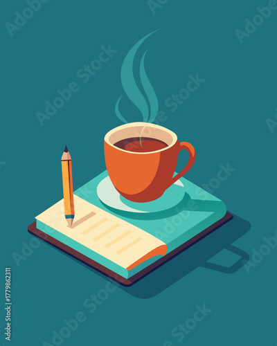 A hot cup of coffee on a small table accompanied by a notebook and pen for jotting down ideas while enjoying the peaceful surroundings.. Vector illustration