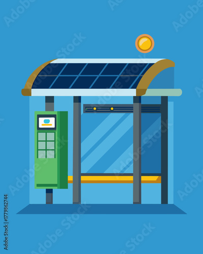 A hightech bus shelter with a touchscreen display powered by solar panels providing realtime bus schedules and weather updates.. Vector illustration