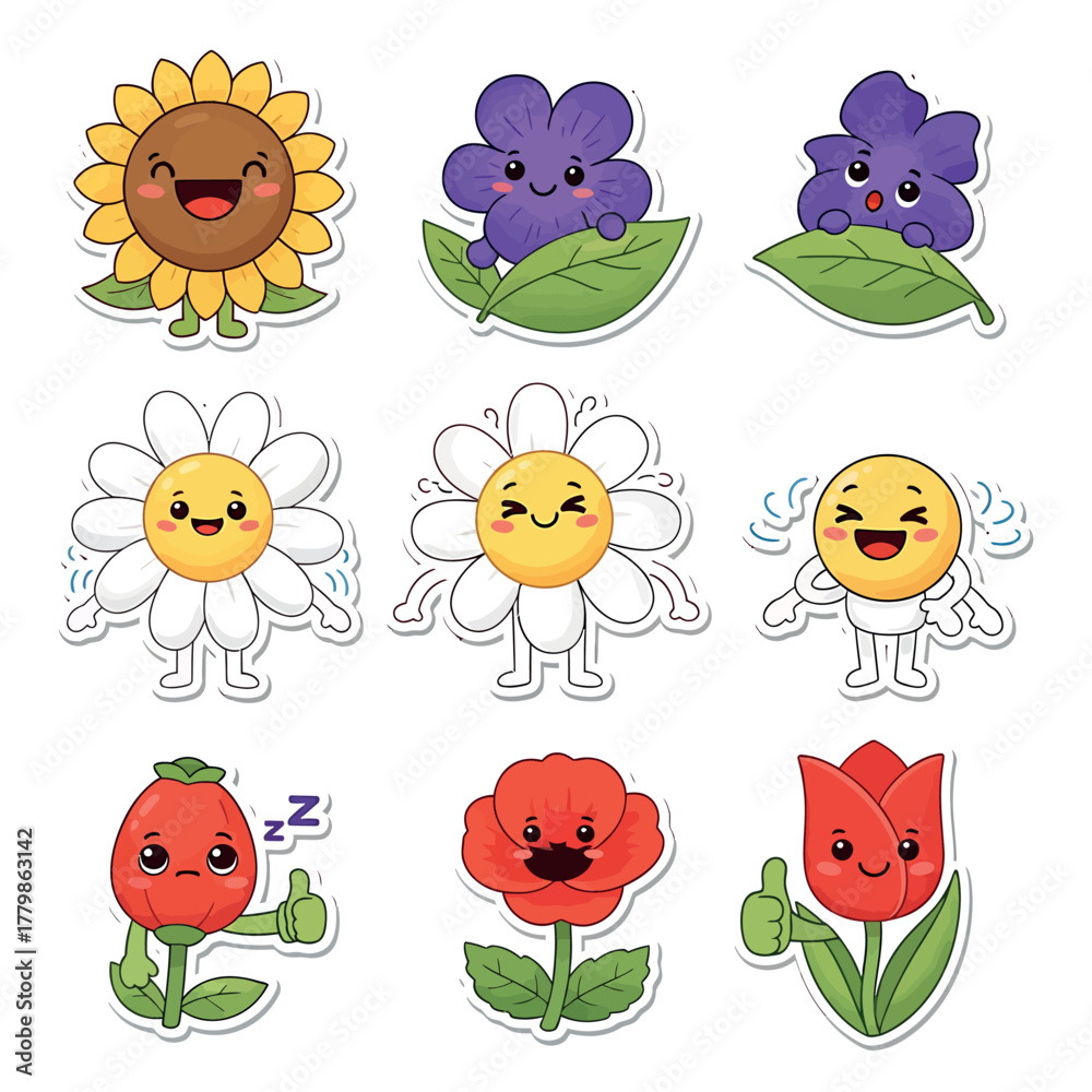 Fototapeta premium Delightful Flower and Plant Characters Whimsical Illustrations and Smiling Expressions