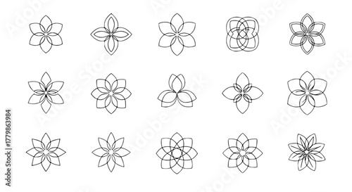 Modern minimalist flower icons for logos and branding, various petal counts and compositions