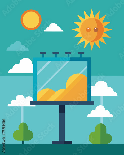 A billboard powered by the everrenewable sun promoting products and services with its catchy visuals.. Vector illustration