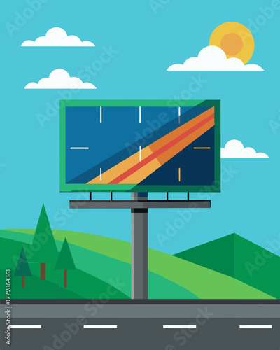 A billboard on the side of the highway featuring a rotating advertit that changes throughout the day thanks to its solarpowered capabilities.. Vector illustration