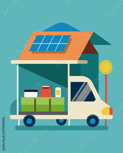 A collapsible emergency shelter equipped with solar panels providing enough energy to run a small kitchenette and charge an electric car for transportation.. Vector illustration