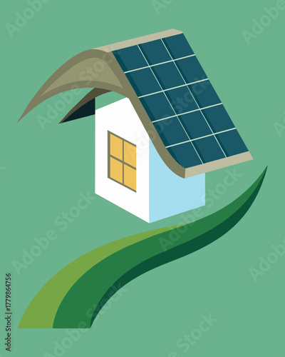 A flexible solar panel effortlessly conforming to the sloping contours of a hillside cabins roof.. Vector illustration