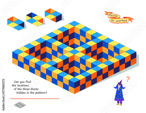 Can you find the locations of the three blocks hidden in the pattern? Logic game for smartest. 3D geometric puzzle. Develop spatial thinking. Brain teaser book. IQ test. Flat vector illustration.