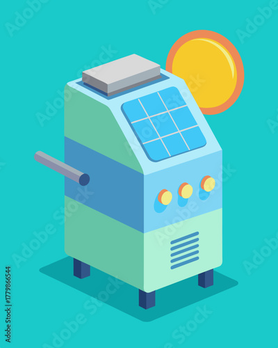 A compact ice maker that harnesses the power of the sun to produce up to 20 pounds of ice per day.. Vector illustration