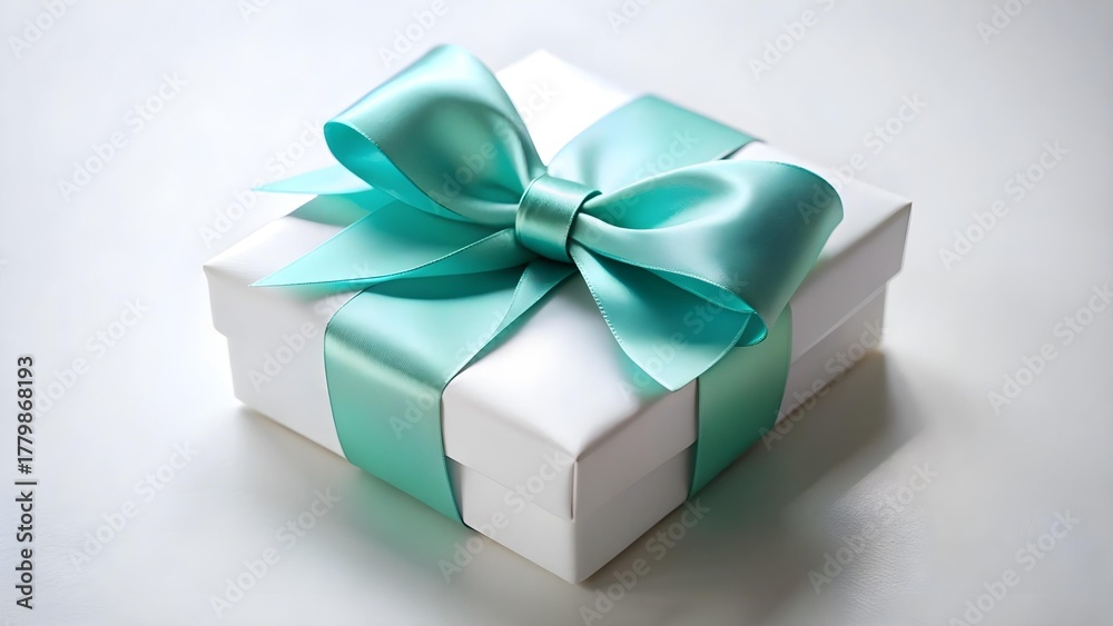 Obraz premium A white gift box with a teal ribbon and bow is isolated on white background