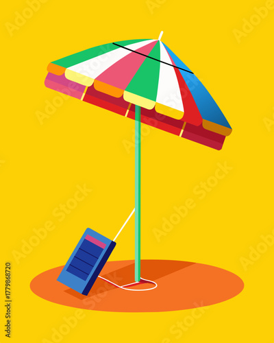 A bold and colorful beach umbrella with a unique solar charger giving you the freedom to spend the whole day at the beach without ever having to worry about your devices dying.. Vector illustration