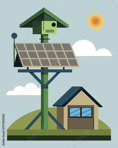A heavyduty solarpowered security camera mounted on a military base monitoring the perimeter for any signs of intrusion.. Vector illustration