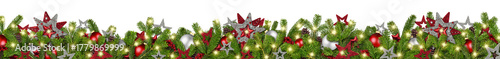 christmas garland super wide panorama banner with fir branches red silver stars lights and baubles xmas russtic traditional natural tree decoration isolated white background	