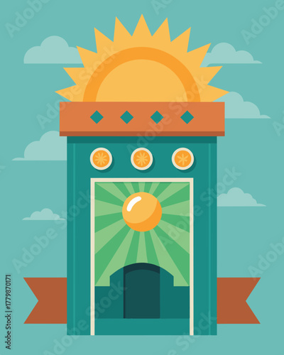 A banner proudly hanging above the door proclaiming the laundromat as a leader in sustainable practices with the sun as its benevolent power source.. Vector illustration