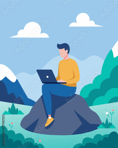 A digital nomad perched on a large boulder taking in the breathtaking scenery while simultaneously responding to emails on their laptop.. Vector illustration