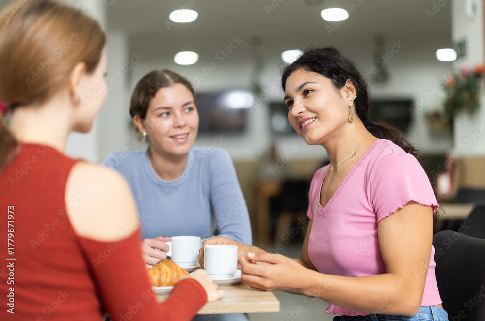 Fototapeta premium Three young women friends chatting and drinking coffee in cafe