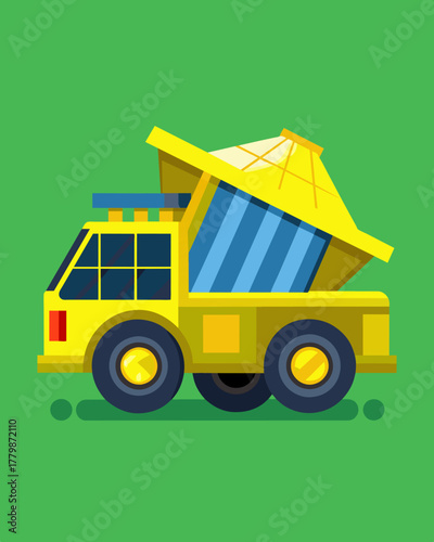 A bright yellow dump truck with solar panels on its sides smoothly transporting rocks and debris for construction projects.. Vector illustration