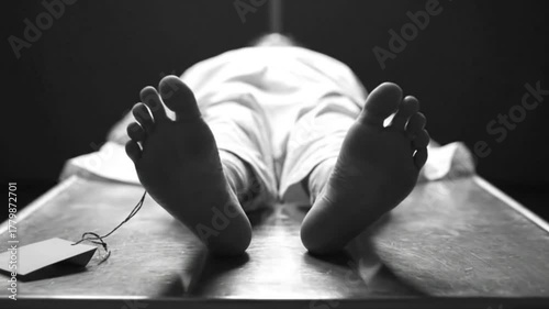 Deceased body lies on a table identification tag