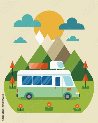 A camper van covered in solar panels parked in the designated ecofriendly camping area of the festival setting an example for others to follow.. Vector illustration