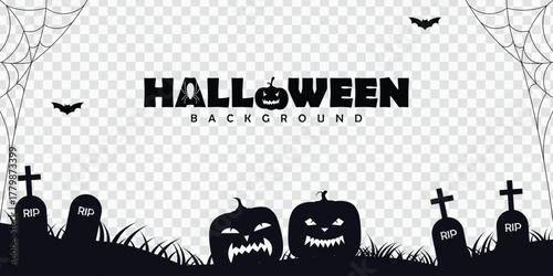 modern halloween silhouette border frame with cemetery and pumpkins on transparent background.halloween footer banner design decoration