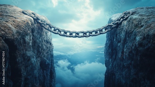 Strong Chain Connects Two Rocky Cliffs Over Deep Chasm